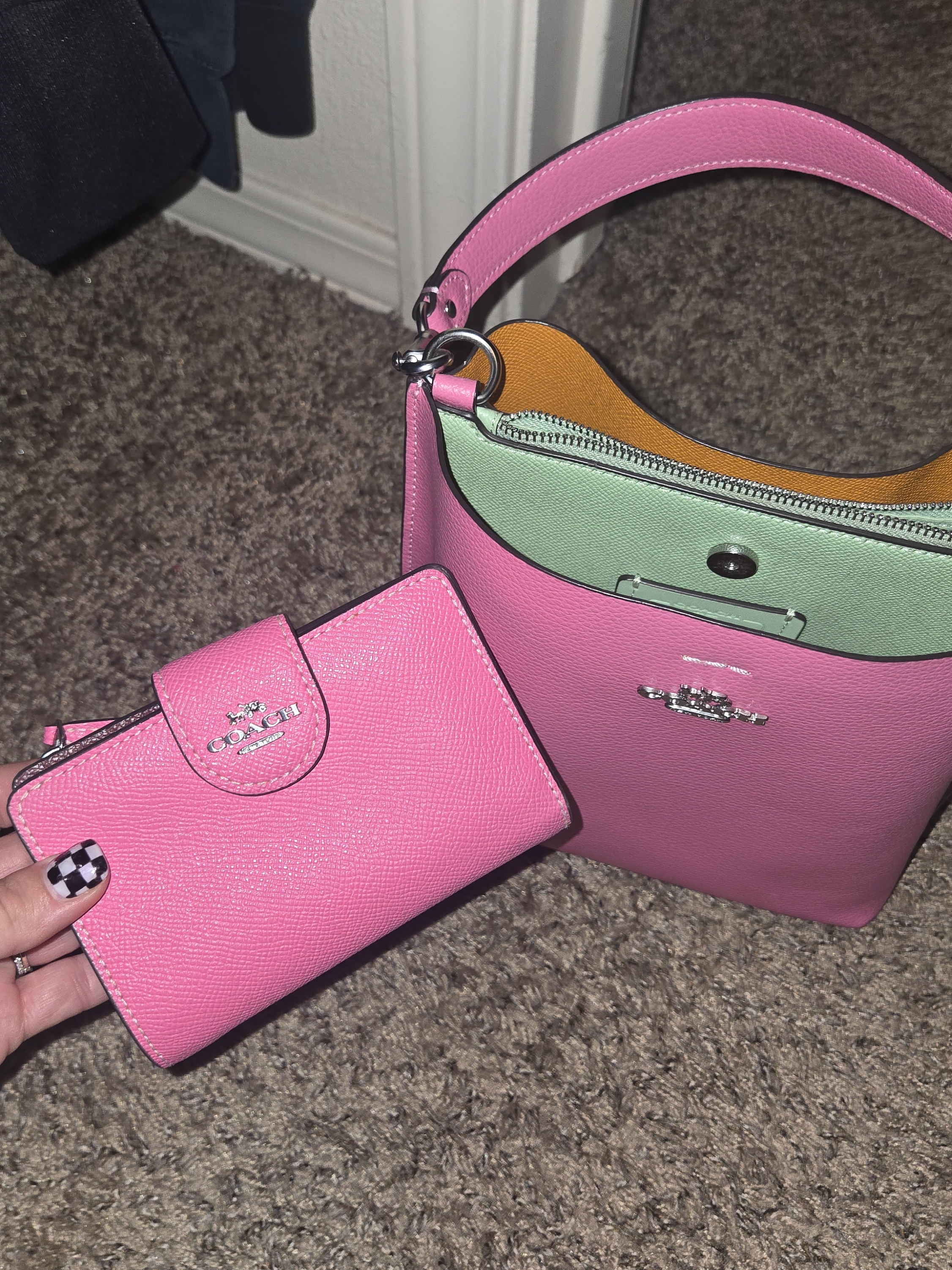 Coach Pink Leather Mini Hobo Shoulder Bag With Matching Pink Wallet